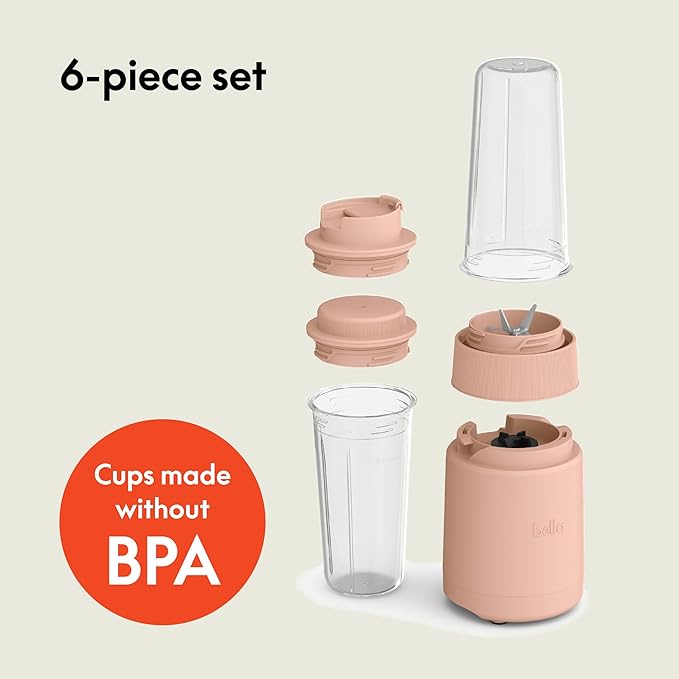 bella 6 Pcs Portable Rocket Blender, Juicer & Smoothie Maker, Press & Twist Design, EverGood™ & BPA Free Dishwasher Safe Parts, 4 Tip Stainless Steel Blade, Cord Wrap, 240 Watt Motor, Blossom