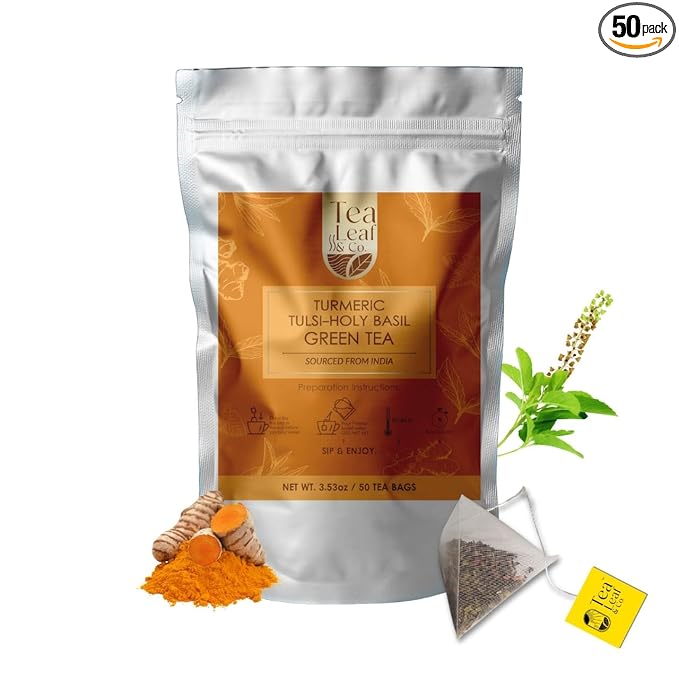 Turmeric Tulsi Tea Bags (50 Count), Green Tea with Turmeric & Peppermint, Stress Relieving, Low Caffeine Gluten Free, Whole Loose-Leaf Pyramid Tea Bags
