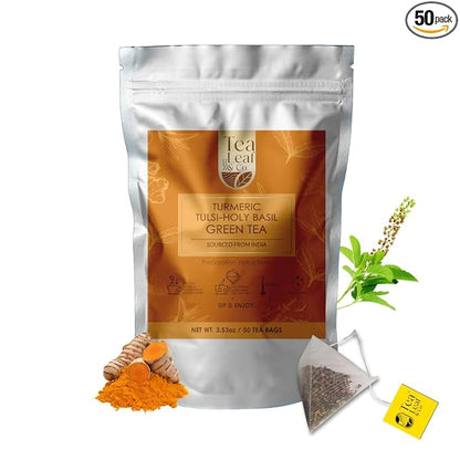 Turmeric Tulsi Tea Bags (50 Count), Green Tea with Turmeric & Peppermint, Stress Relieving, Low Caffeine Gluten Free, Whole Loose-Leaf Pyramid Tea Bags