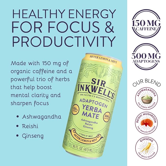 SIR INKWELL'S Adaptogen Yerba Mate Tea | Healthful Energy + Productivity 150 mg Organic Caffeine | 300mg Ashwagandha Reishi Ginseng | Non-GMO Certified | Meyer Lemon & Mint 16oz 12pk
