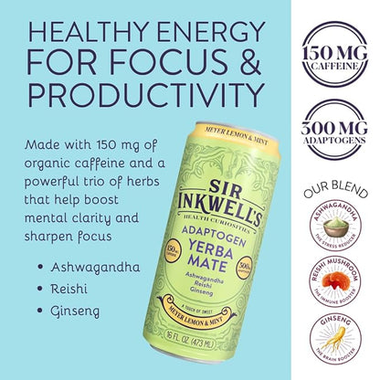 SIR INKWELL'S Adaptogen Yerba Mate Tea | Healthful Energy + Productivity 150 mg Organic Caffeine | 300mg Ashwagandha Reishi Ginseng | Non-GMO Certified | Meyer Lemon & Mint 16oz 12pk