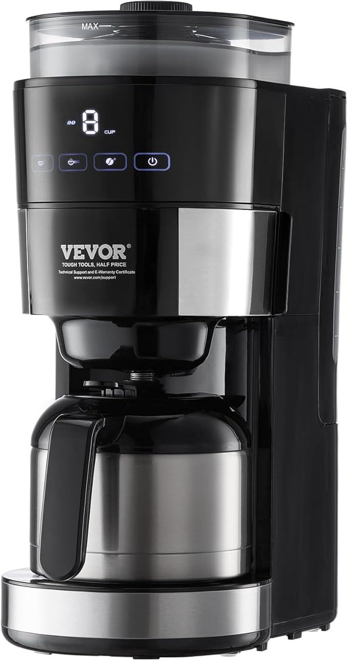 VEVOR Coffee Maker with Grinder, 8 Cup Programmable Coffee Machine, Grind and Brew Coffee Maker with 3 Brew Strength Control, Reusable Filter, Removable Water Tank, for Home Office Restaurant