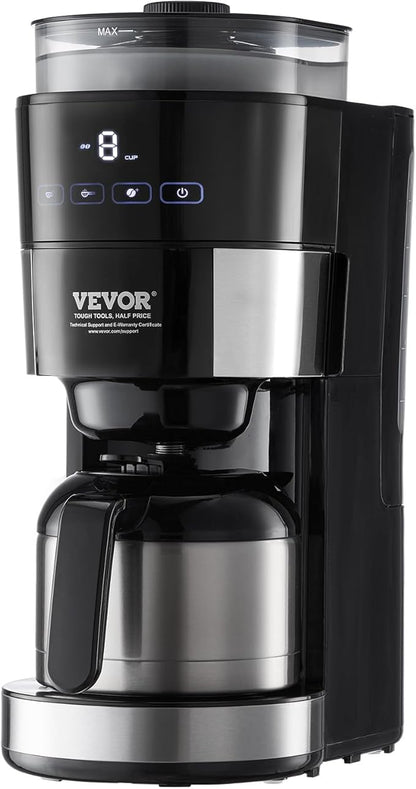 VEVOR Coffee Maker with Grinder, 8 Cup Programmable Coffee Machine, Grind and Brew Coffee Maker with 3 Brew Strength Control, Reusable Filter, Removable Water Tank, for Home Office Restaurant