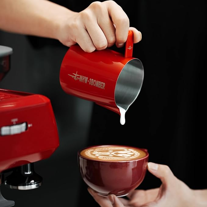 MHW-3BOMBER Milk Frothing Pitcher 16.9oz/500ml Latte Art Pitcher, Espresso Steaming Pitcher with Round Spout, Red P6741R