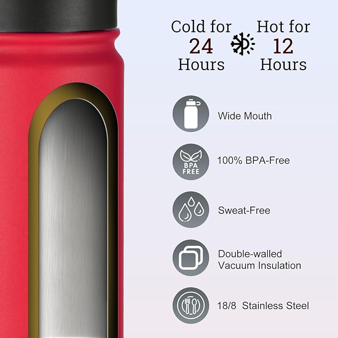 mininoo 24 oz Insulated Water Bottle with Straw Lid, Stainless Steel Double Wall Vacuum, Leak Proof, BPA Free, Keep Cold for 24H & Hot for 12H(Red)