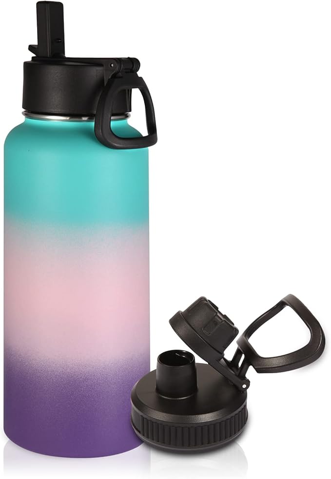 Volhoply 32 oz Water Bottle with Straw Lid & Spout Lid,Insulated Sports Water Bottle,Double Wall Vacuum Stainless Steel Cups,Leakproof Wide Mouth Metal Flask,Keeps Cold or Hot(Gradient Color,1)