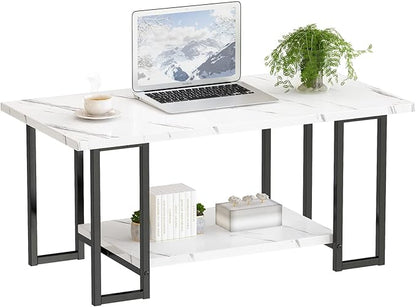 Lamerge Coffee Table, Modern Faux Marble Top Coffee Table with Metal Frame and Storage Shelf, 2-Tier Rectangle Accent Cocktail Table for Living Room, Office (White)