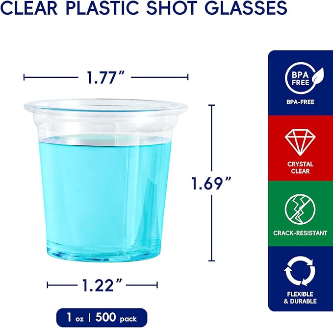 JOLLY CHEF 500 Pack Plastic Shot Glasses, 1 oz Clear Disposable Jelly Cups Reusable Perfect for Wine Tasting, Whiskey, Food Samples, Halloween, Thanksgiving Party, Wedding, Christmas