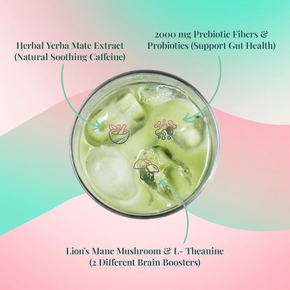 Yerba Mate Instant Tea Powder, 4-in-1 Functional Yerba Extract with Prebiotics & Probiotics, Low Sugar Clean Energy Drink for Focus, Gut Health & Reduce Brain Fog, Strawberry Matcha - 30 Servings