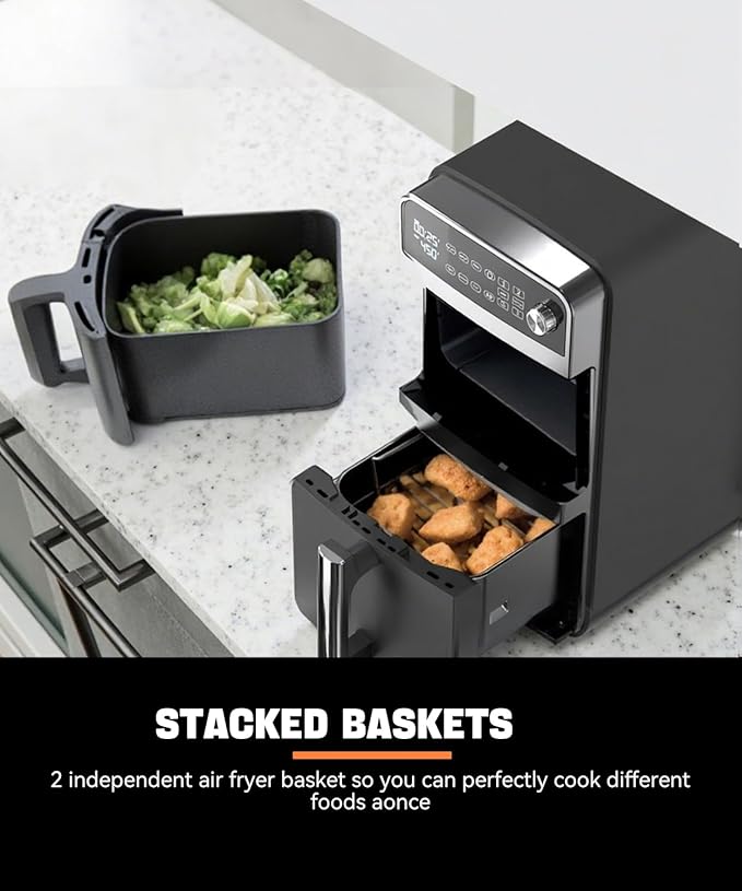 12QT Dual Layer Air Fryer Oven, 6QT×2 Capacity, Vertical 2-Basket Design, 7-in-1 Function with Broil, Roast, Bake, Reheat, Dehydrate, and Air Fry, Family Size, BPA-Free