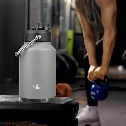 Half Gallon Jug with Handle,64 oz Insulated Water Bottle with Carrying Pouch,Double Wall Vacuum Stainless Steel Metal Bottle,Gray