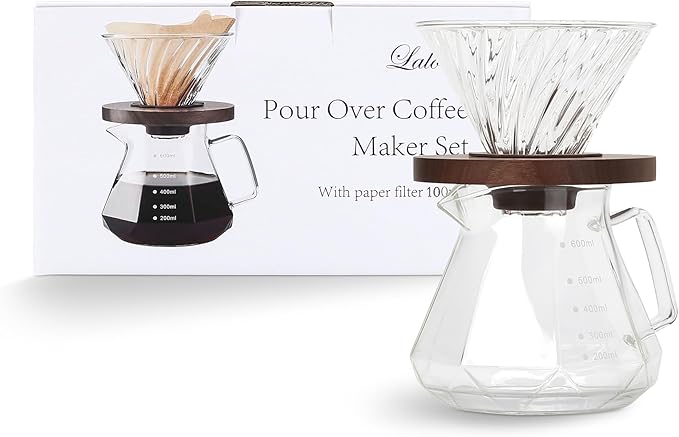 Pour Over Coffee Maker, 20 oz Borosilicate Glass Carafe with 100 pcs V60 Paper Filter by Gsform, Walnut Handle & Glass Lid, Drip Coffee Maker for Home Café Restaurant Camping, 600 ml, Clear