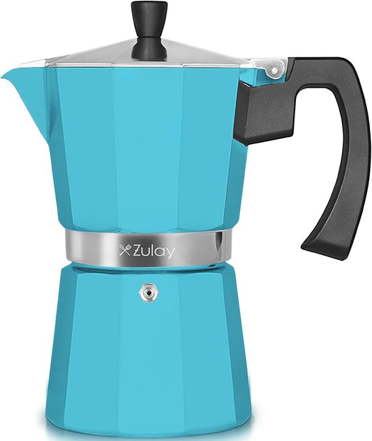 Zulay Premium Moka Pot Espresso - Leak-Proof Stovetop Espresso Maker - Perfect for Authentic Cuban & Italian Style Espresso - Makes 6 Espresso Cups - Light Blue