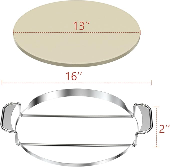 Skyflame Gourmet BBQ System Pizza Stone, 13-inch Baking Stone with Stainless Steel Carry Rack, Compatible With Weber 8836, Kettle Charcoal/Smoke/Gas/Ceramic Grills, Pizza Oven