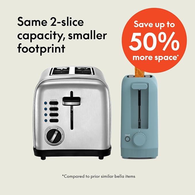 bella 2 Slice Slim Toaster, Fits-anywhere™ Kitchenware, 6 Setting Shade Control with Reheat & Cancel Buttons, Fits sourdough, 10” Long Slot, Anti Jam & Auto Shutoff, 900 Watt, Surf