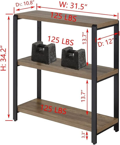 FOLUBAN 3 Tier Bookshelf, Industrial Bookcase and Book Shelves for Bedroom, Rustic Wood and Metal Book Case for Office, Oak