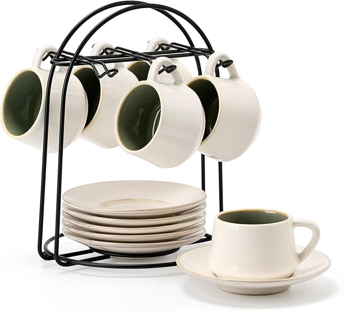 SIDUCAL Espresso Cup Set of 6 [4 oz] Stackable Ceramic Cappuccino Cup with Saucers and Cup Holder,Microwave/Dishwasher Safe,Espresso Demitasse Cups(Green)