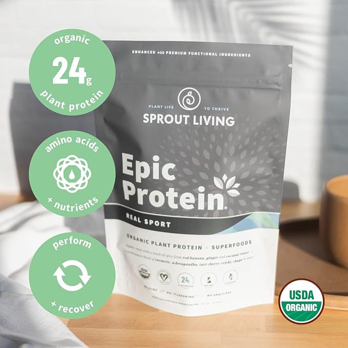 Sprout Living, Epic Protein, Plant Based Protein & Superfoods Powder, Real Sport | 24 Grams Organic Protein Powder, Recovery, Vegan, Non Dairy, Non-GMO, Gluten Free, Low Sugar (1 Pound, 12 Servings)