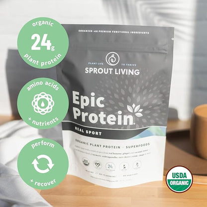 Sprout Living, Epic Protein, Plant Based Protein & Superfoods Powder, Real Sport | 24 Grams Organic Protein Powder, Recovery, Vegan, Non Dairy, Non-GMO, Gluten Free, Low Sugar (1 Pound, 12 Servings)