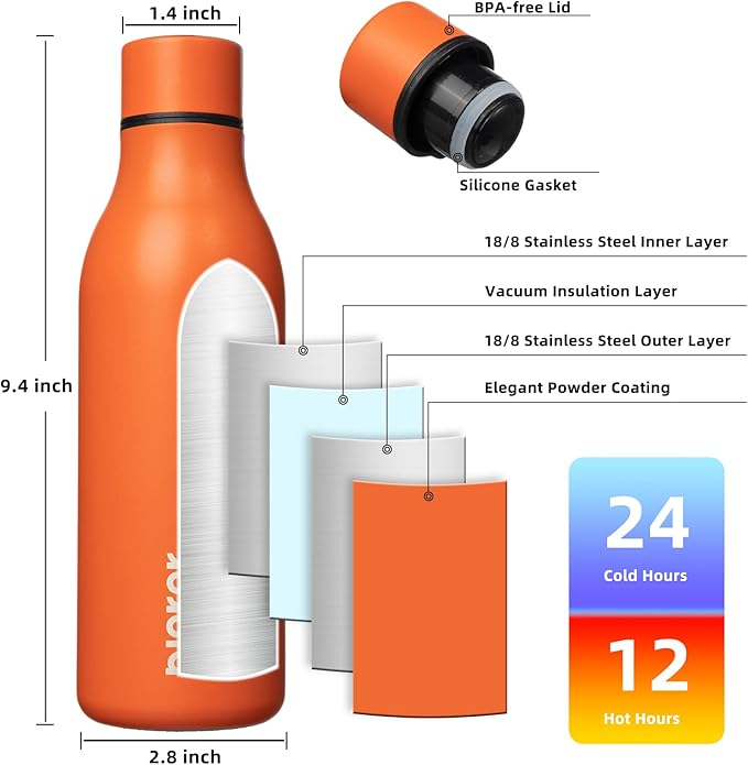BJPKPK Insulated Water Bottles, 18 oz Stainless Steel Metal Water Bottle with Strap, BPA Free Leak Proof Jugs, Mugs, Flasks, Reusable Thermal Flasks for Sports & Travel, Orange