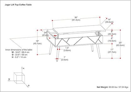 SIMPLIHOME Jager Lift Top Coffee Table - 36 inch Wide Solid Mango Wood Contemporary Modern Cocktail Table in Natural, Stylish Living Room Table with Hidden Storage, Brass Inlay, and Gold Metal Legs