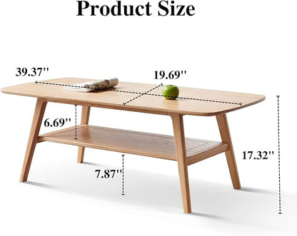 2-Tier Solid Oak Wood Coffee Table - Practical Center Table with Double Storage for Small Apartments, Living Rooms, Bedrooms, and Offices (Natural, 39.37" D x 19.69" W x 17.32" H)
