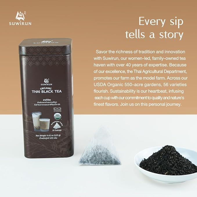 Suwirun Organic Assam Thai Black Tea 25 Bags – Bold, Smooth & Aromatic – Premium Quality, No Additives – Perfect for Hot, Iced & Thai Milk Tea