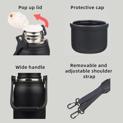 BJPKPK Insulated Water Bottle 40oz Stainless Steel Water Bottles with Handle and Cup Lid Travel Metal Thermal Flask,Black