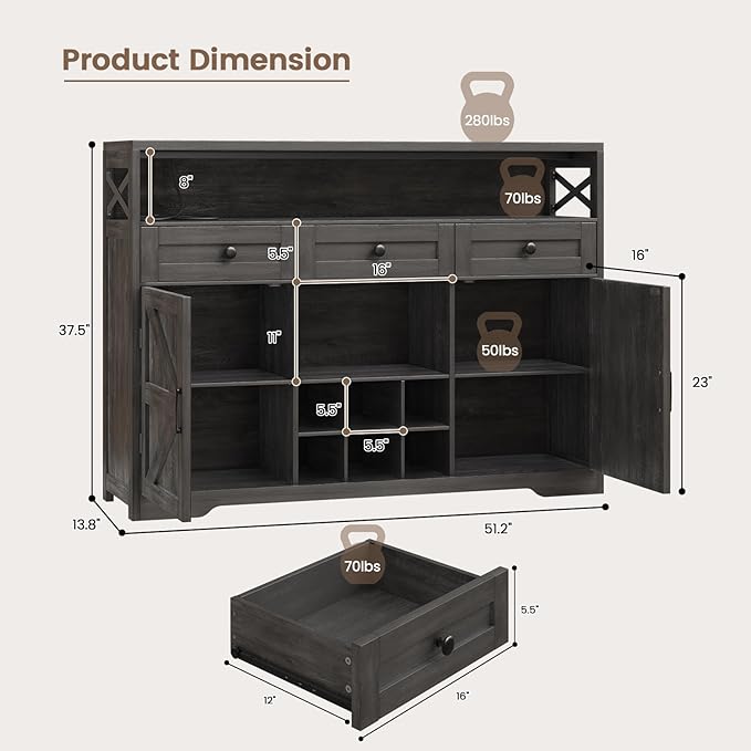51" Sideboard Buffet Cabinet with Storage, Large Coffee Bar Cabinet with Drawers, Doors and Charging Station, Farmhouse Kitchen Sideboard Table for Kitchen, Dining Room, Living Room, Dark Grey