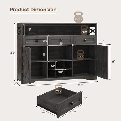 51" Sideboard Buffet Cabinet with Storage, Large Coffee Bar Cabinet with Drawers, Doors and Charging Station, Farmhouse Kitchen Sideboard Table for Kitchen, Dining Room, Living Room, Dark Grey