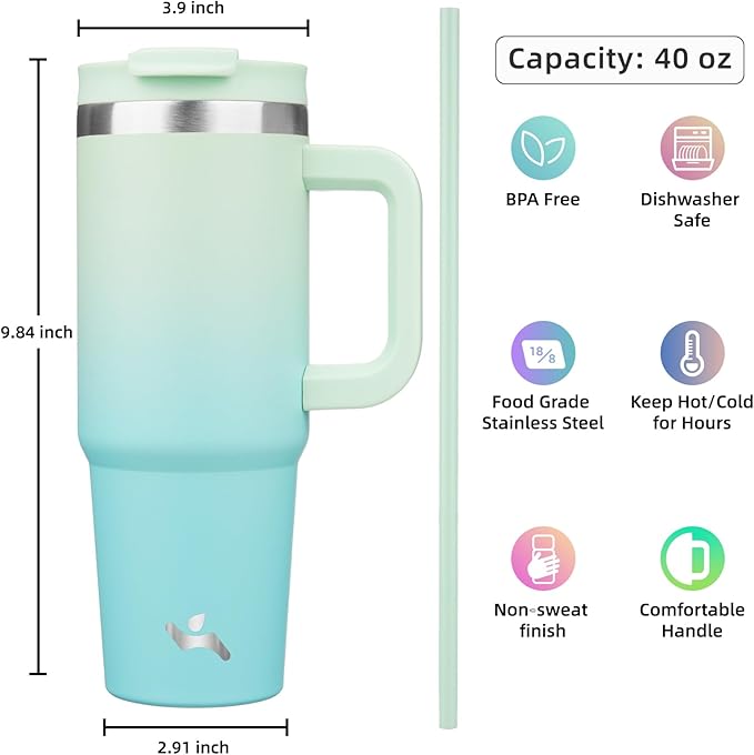 40 oz Tumbler with Handle and 2 Straws,2 in 1 Lid Insulated Water Bottle Stainless Steel Travel Coffee Mug,Mint