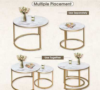 aboxoo Coffee Table Nesting White Set of 2 Side Set Golden Frame Circular Round and Marble Pattern Wooden Tables, Living Room Bedroom Apartment Modern Industrial Simple Nightstand