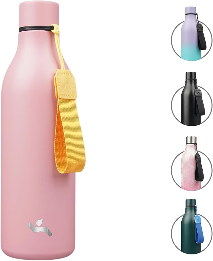 Insulated Water Bottle with Strap,25 oz Double Wall Stainless Steel Vacuum Bottles Metal Water Flask,Light Pink