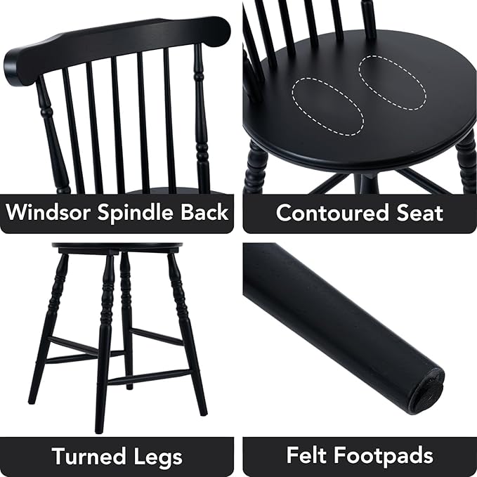 chairus 24" Black Windsor Counter Height Bar Stools Set of 2, Farmhouse Wooden Counter Stools with Spindle Back & Turned Legs, Rustic Vintage Colonial Bar Chairs for Kitchen Island