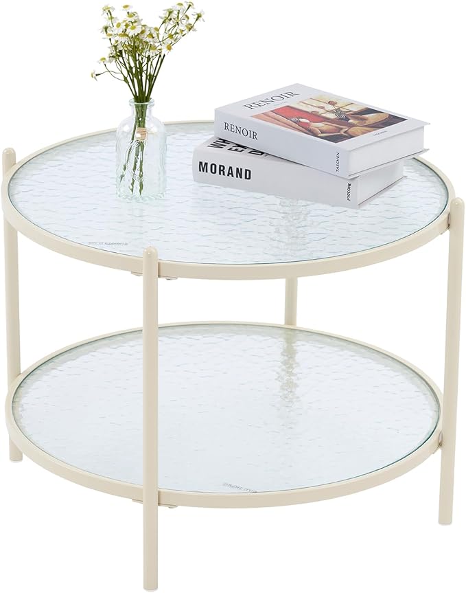 VINGLI 25.6" Small Cream White Round Coffee Table Water-Wave Glass Circle Clear Coffee Table, Center Table with 2-Tier Modern Storage Design for Living Room, Bedroom, Meeting Room, Balcony, Beige