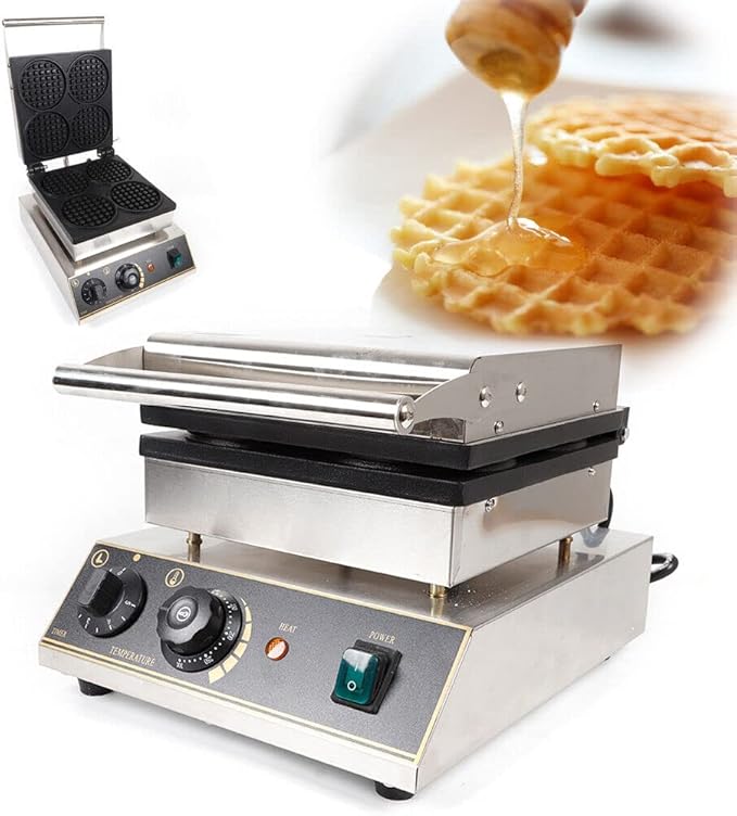 Commercial Belgian Waffle Iron, 4 Grids 1750W Stainless Steel Nonstick Double Side Waffle Maker Machine Electric Round Waffle Baker for Bakery, Restaurant, Snack Bar, Home