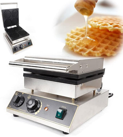 Commercial Belgian Waffle Iron, 4 Grids 1750W Stainless Steel Nonstick Double Side Waffle Maker Machine Electric Round Waffle Baker for Bakery, Restaurant, Snack Bar, Home