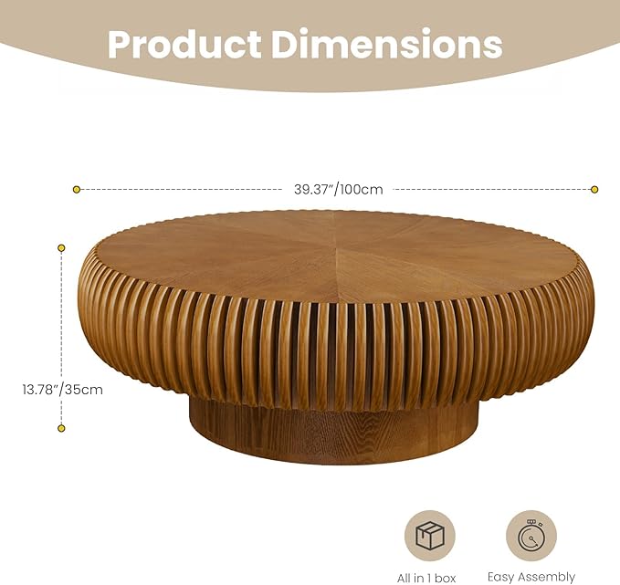Round Fluted Coffee Table Modern Handcraft Drum Coffee Table with Sturdy Pedestal 39.37" Farmhouse Center Table Tea Table for Living Room, Reception Room, Entertainment Room (Brown 39.37")