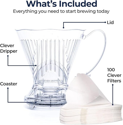 Clever Coffee Dripper and Filters, Large 18 oz, Original Classic Design, Safe BPA Free Plastic, dripper coffee maker, drip coffee maker pour over, 100 filters, coaster and lid, 18 oz (Clear)