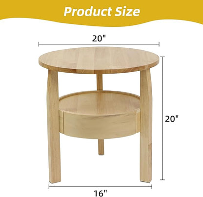 Round Coffee Table with Hidden Drawer - 20" D x 20" H Real Oak Wood Round Side Table with Storage, 2-Tier Round End Table for Sofa, Small Circle Coffee Table with Drawer for Living Room, Beige