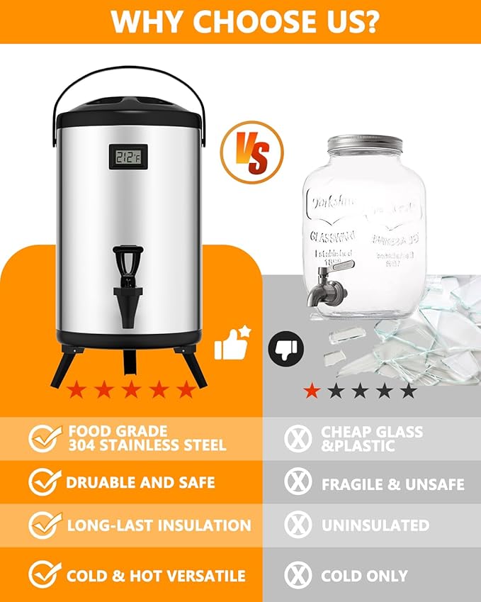 Insulated Beverage Dispenser 3 Gallon, Hot Water Dispenser with Stainless Steel Interior, Large Carafe Hot Coffee Dispenser for Parties, Catering, Drink Dispenser for Tea Milk, Silver, Non-electric