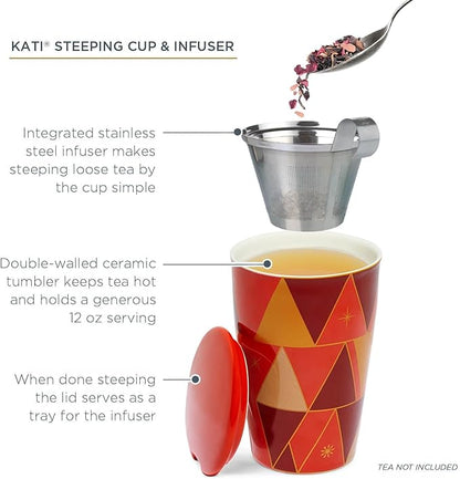 Tea Forte Warming Joy Double-Walled Ceramic Kati Cup with Removable Stainless Steel Infuser Basket and Lid, Steeps 12 oz Loose Leaf Tea, Lid and Cup Dishwasher & Microwave Safe