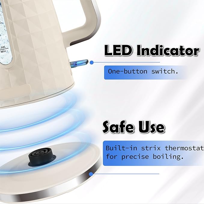 1.7L Electric Kettle, Fast Boiling 1200W Hot Water Boiler, 360° Cordless Design,Electric Tea Kettle for Boiling Water Auto Shut Off Boil Dry Protection，Electric Water Kettle for Coffee Tea,Beige