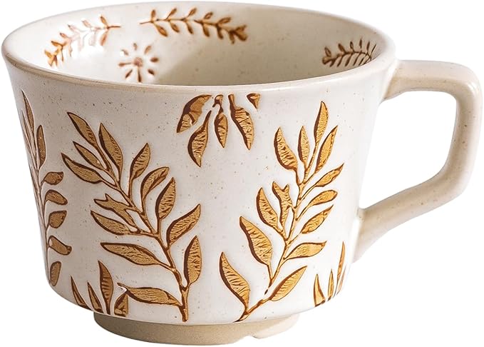 Ceramic Mug 1pcs, 11oz - Vintage Coffee Mug, Pottery Cups for Milk, Latte, Cappuccino, Tea - Porcelain Dishwasher, Microwave Safe Stoneware 1 PCS Brown Leaf Cup