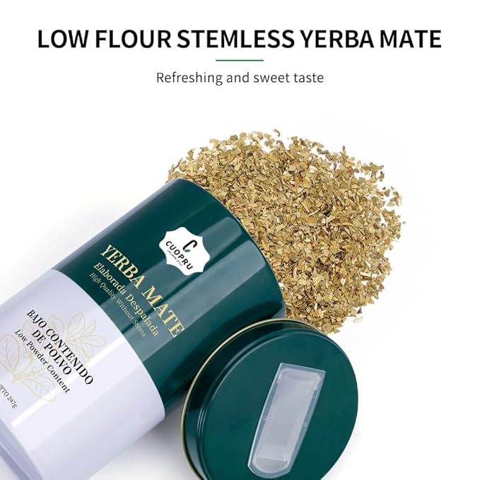 Yerba Mate, CUOPRU Traditional Argentinian Mate Tea, Low Tea Powder, Original Leaves without Stems, Included Portable Storage Container(Green Traditional)