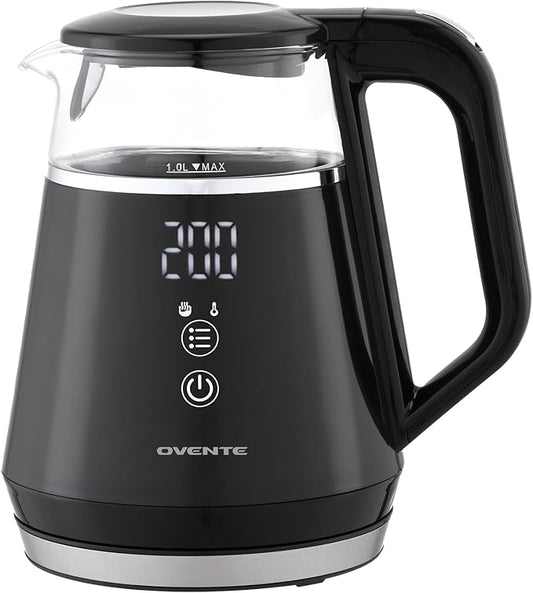 OVENTE Electric Kettle with 5 Temperature Control Presets, LED Digital Display, 5Hr Keep Warm Function, Auto Shut-Off and Boil Dry Protection, 1500W BPA Free Glass Water Heater and Boiler, Black KD95B