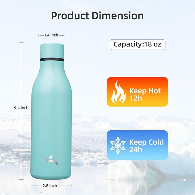 Insulated Water Bottle with Strap,18 oz Double Wall Stainless Steel Vacuum Bottles Metal Water Flask,Turquoise