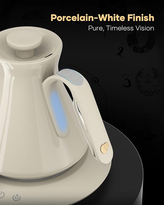 Cocinare FLOW M6 Pro Electric Gooseneck Kettle, ±0.5℉ Temperature Control for Pour-over Coffee & Tea, Stainless Steel Interior, Quick Heating for Boiling Water (Dali White)