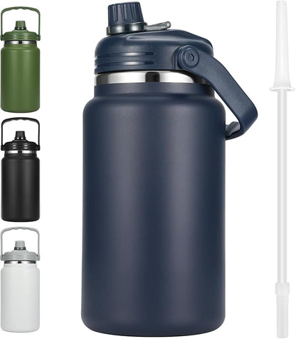 1 Gallon Thermosflask with Straw, 135oz Stainless Steel Insulated Water Bottle，4L Oversized Double Wall Vacuum Jug with Handle for Hot Cold Drinks, Wide mouth Icebuckets for Hiking Sports(Blue)