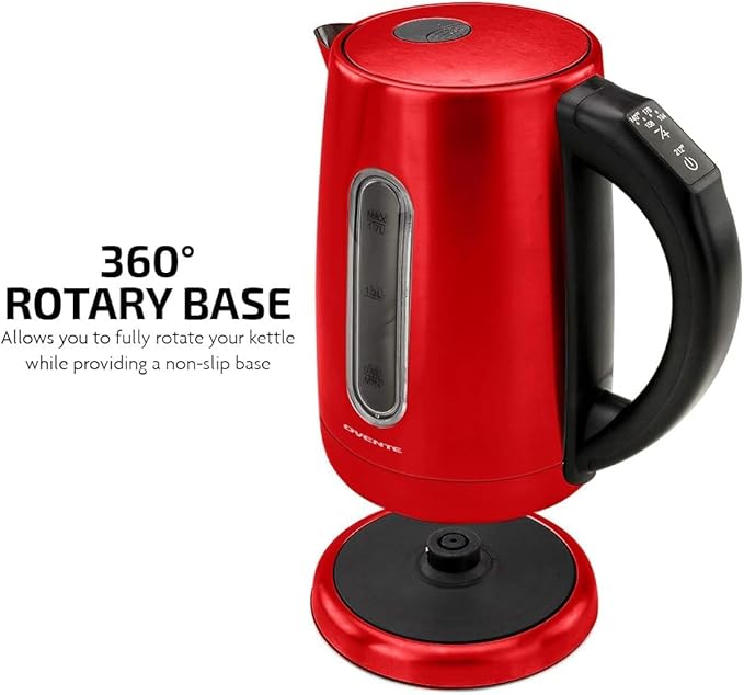 OVENTE Electric Kettle, 1.7L Stainless Steel Water Boiler and Heater with 1100W Power, Temperature Control, Keep Warm Function, Auto Shut-Off, Boil-Dry Protection and Cordless Serving, Red KS58R